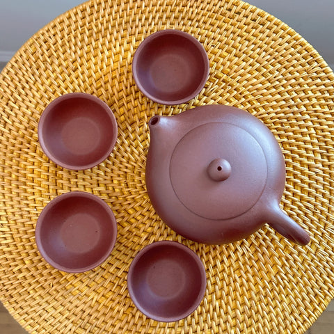 Handmade Yixing Zisha Teaset, Red Clay Teapot in Xishi Style with Four Pairing Cups