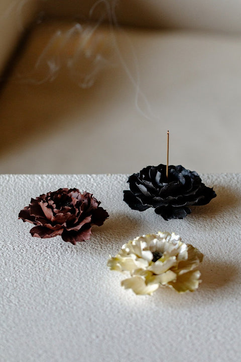 Hand-Sculpted Midnight Peony Incense Burner - Artisan Matte Ceramic Floral Holder