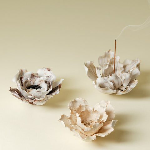 Handmade Stoneware Peony Incense Holder - Wabi-Sabi Floral Sculpture