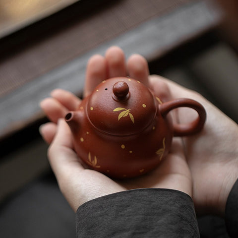 Hand-Painted Zisha Teapot with Bamboo Motif – 100ml Mini Yixing Clay Teapot