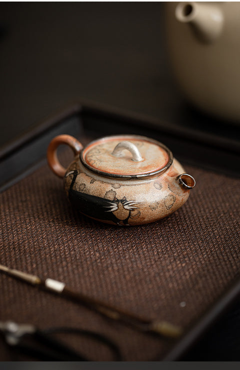 Shino Cat Vintage Style Hand-Painted Mini Ceramic Teapot with Built-in Filter for Tea Brewing - theTeaCloud