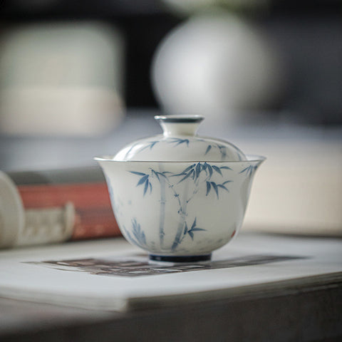 Hand-Painted Blue and White Porcelain Gaiwan with Kung Fu Tea Set, Bamboo Graphic, 135ml