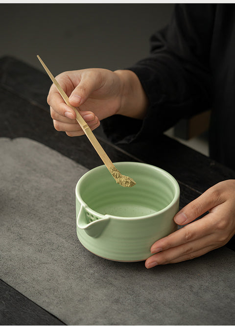 the TeaCloud - Japanese Matcha Tea Ceremony Set - Bamboo Whisk, Tea Bowl, and Tea Whisk Holder Set - Green - theTeaCloud