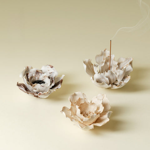Handmade Stoneware Peony Incense Holder - Wabi-Sabi Floral Sculpture