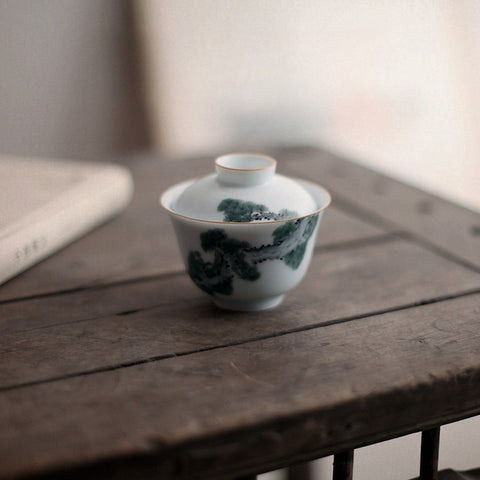 Hand-Painted Underglaze Porcelain Gaiwan with Pine and Cypress Graphic