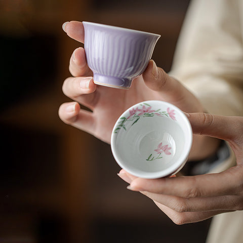 Hand-Painted Magnolia Blossom Teacup | Lilac Ceramic Kung Fu Tea Cup