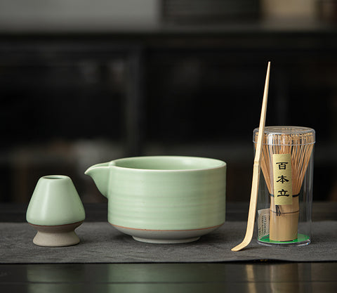 the TeaCloud - Japanese Matcha Tea Ceremony Set - Bamboo Whisk, Tea Bowl, and Tea Whisk Holder Set - Green - theTeaCloud