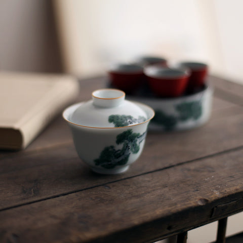 Hand-Painted Underglaze Porcelain Gaiwan with Pine and Cypress Graphic