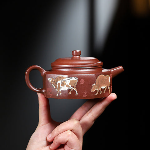 Handmade Zisha Purple Clay Teapot with Handpainted Graphic "Five Bulls", 220ml Capacity