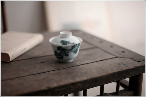 Hand-Painted Underglaze Porcelain Gaiwan with Pine and Cypress Graphic