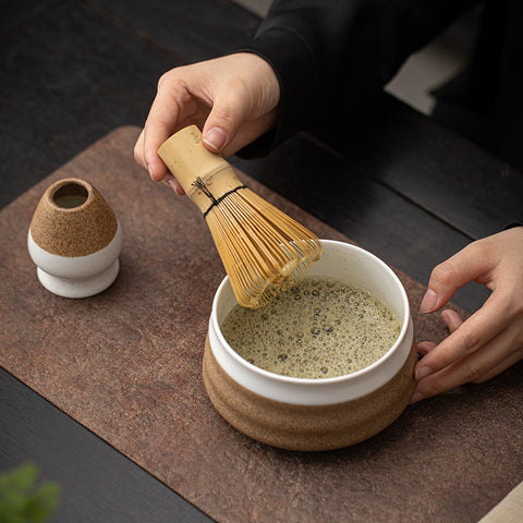 the TeaCloud - Japanese Matcha Tea Ceremony Set - Bamboo Whisk, Tea Bowl, and Tea Whisk Holder Set - White - theTeaCloud