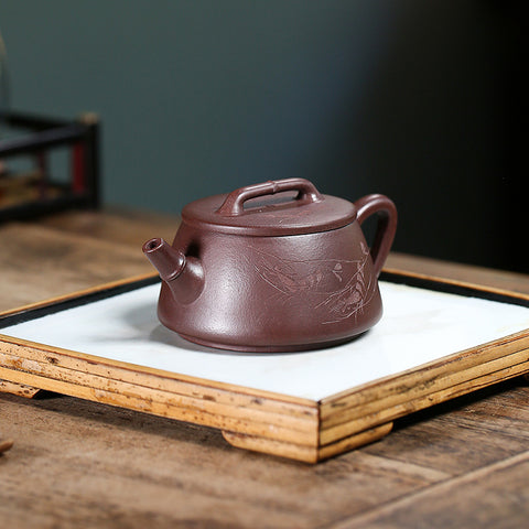 Handmade Yixing Zisha Purple Clay Teapot - Wide-Mouth Teapot with Engravings - 200ml Capacity - theTeaCloud