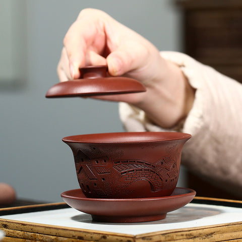 Handmade Yixing Purple Zisha Clay Gaiwan Gongfu Teacup with Hand-Carved Graphic