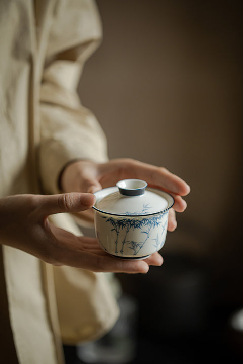 The TeaCloud White and Blue Porcelain Bamboo Gaiwan Teacup, 140ml Capacity gaiwan gaiwan tea set gaiwan tea gaiwan teapot