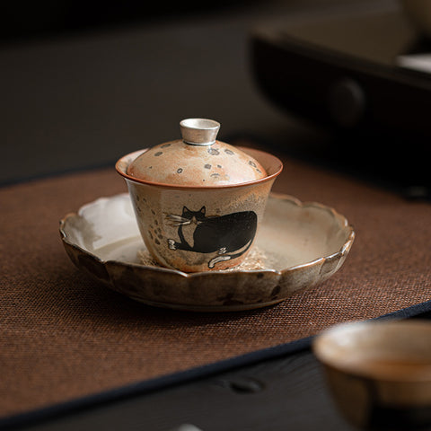 Shino Cat Series Japanese Vintage Style Handmade Ceramic Gaiwan Teacup