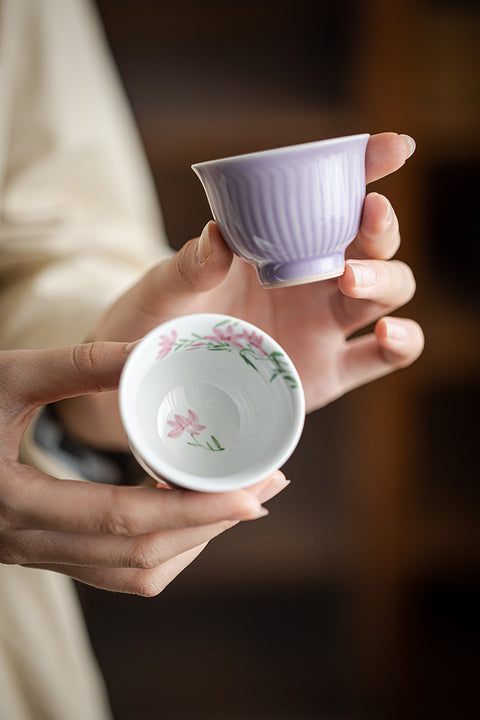 Hand-Painted Magnolia Blossom Teacup | Lilac Ceramic Kung Fu Tea Cup