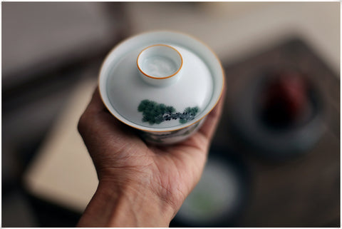 Hand-Painted Underglaze Porcelain Gaiwan with Pine and Cypress Graphic