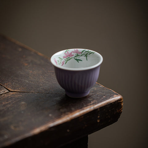 Hand-Painted Magnolia Blossom Teacup | Lilac Ceramic Kung Fu Tea Cup