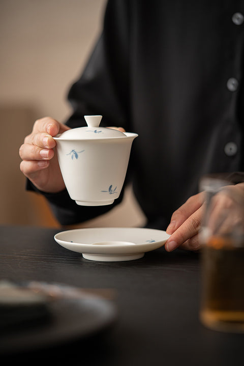 Hand-Painted Orchid Gaiwan Teacup | Elegant Ceramic Kung Fu Tea Set