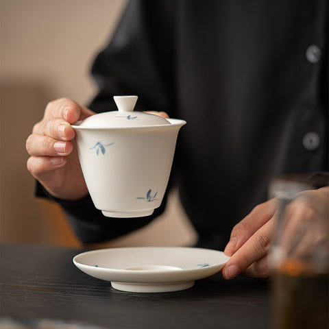 Hand-Painted Orchid Gaiwan Teacup | Elegant Ceramic Kung Fu Tea Set