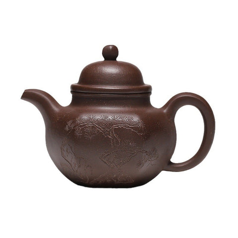 Handmadet Yixing Purple Zisha Clay Teapot with Carved Graphic, 280ml Capacity - theTeaCloud