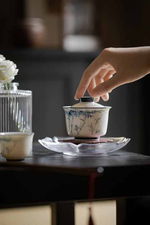 The TeaCloud White and Blue Porcelain Bamboo Gaiwan Teacup, 140ml Capacity gaiwan gaiwan tea set gaiwan tea gaiwan teapot