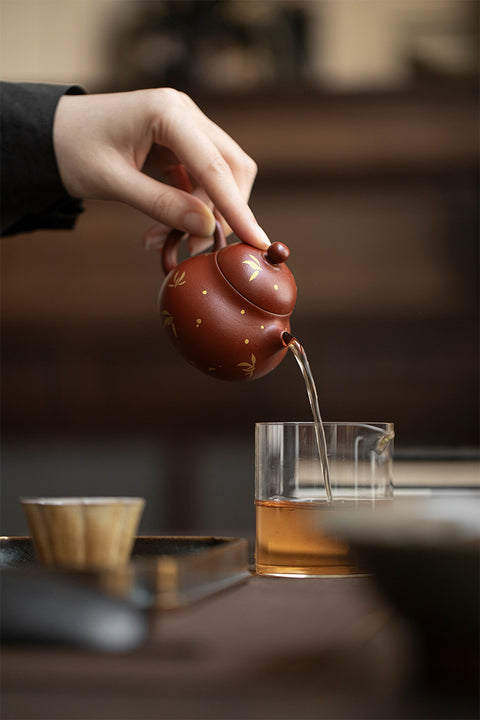 Hand-Painted Zisha Teapot with Bamboo Motif – 100ml Mini Yixing Clay Teapot