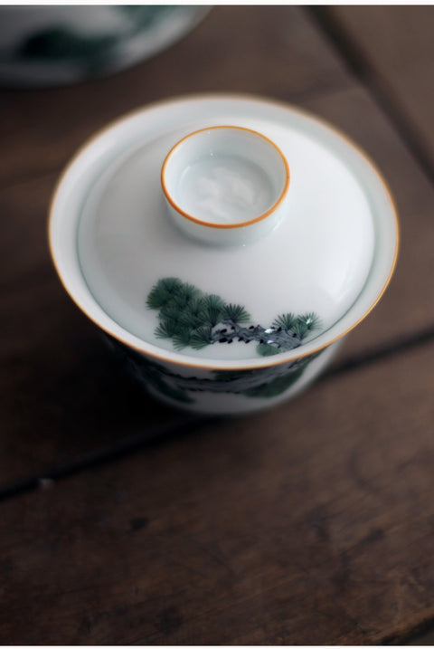 Hand-Painted Underglaze Porcelain Gaiwan with Pine and Cypress Graphic
