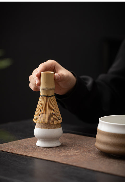 the TeaCloud - Japanese Matcha Tea Ceremony Set - Bamboo Whisk, Tea Bowl, and Tea Whisk Holder Set - White - theTeaCloud