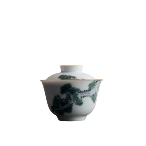 Hand-Painted Underglaze Porcelain Gaiwan with Pine and Cypress Graphic