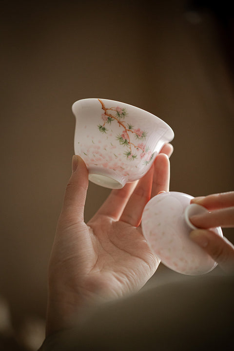 Japanese-Style Hand-Painted Pink Cherry Blossom Gaiwan, 140ml Capacity