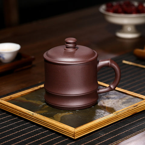 Handmade Zisha Purple Clay Bamboo Lid Teacup, 450ml Capacity