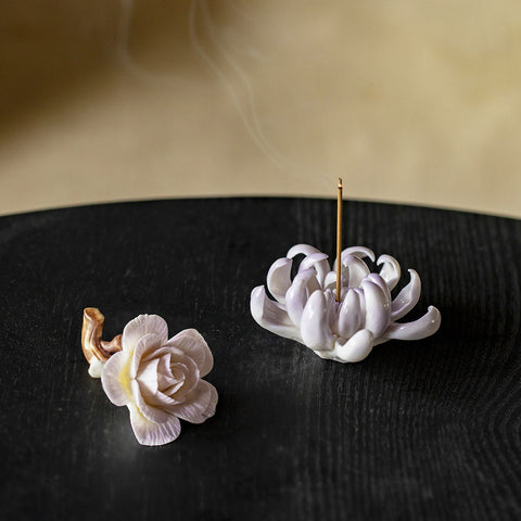 Artisan Porcelain Flower Incense Holder - Chrysanthemum and Camellia