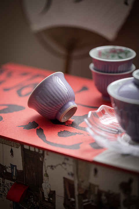 Hand-Painted Magnolia Blossom Teacup | Lilac Ceramic Kung Fu Tea Cup