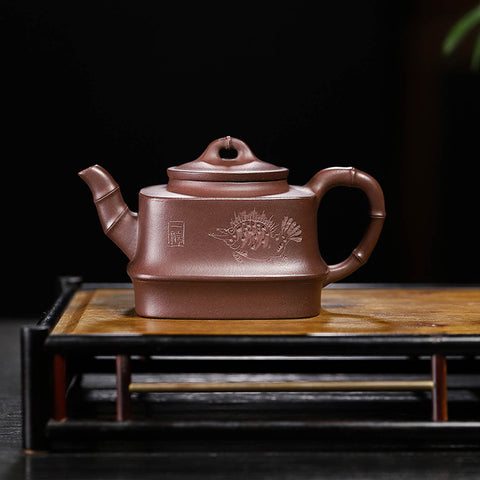 Yixing Purple Zisha Clay Teapot Square Shape Bamboo Knot Style, 200ml Capacity