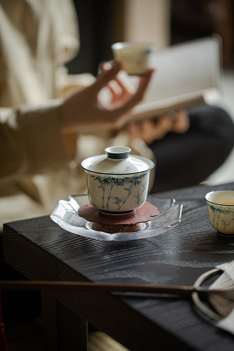 The TeaCloud White and Blue Porcelain Bamboo Gaiwan Teacup, 140ml Capacity gaiwan gaiwan tea set gaiwan tea gaiwan teapot