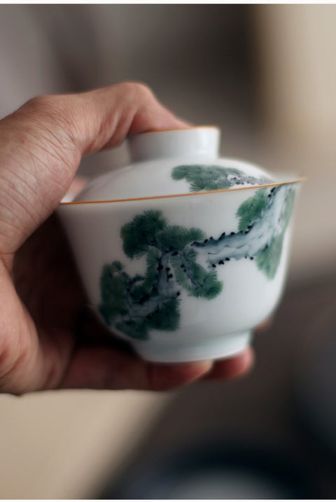 Hand-Painted Underglaze Porcelain Gaiwan with Pine and Cypress Graphic