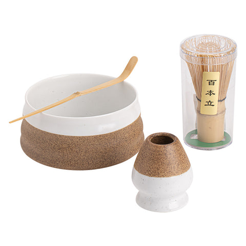 the TeaCloud - Japanese Matcha Tea Ceremony Set - Bamboo Whisk, Tea Bowl, and Tea Whisk Holder Set - White - theTeaCloud