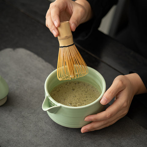 the TeaCloud - Japanese Matcha Tea Ceremony Set - Bamboo Whisk, Tea Bowl, and Tea Whisk Holder Set - Green - theTeaCloud