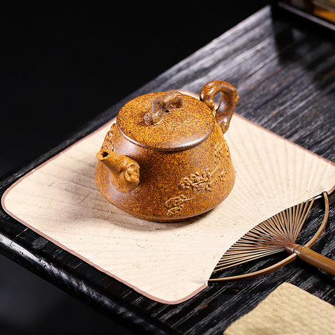 Yixing Handmade Yellow Clay Zisha Teapot with Floral Appliqué, 320ml Large Capacity