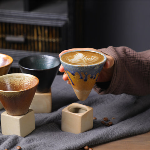 Cone Shape Porcelain Mug, Espresso Cups for Home Office, Coarse Pottery Coffee Mug with Base 200ml/6.7oz - theTeaCloud