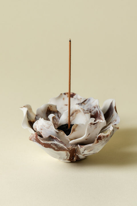 Handmade Stoneware Peony Incense Holder - Wabi-Sabi Floral Sculpture
