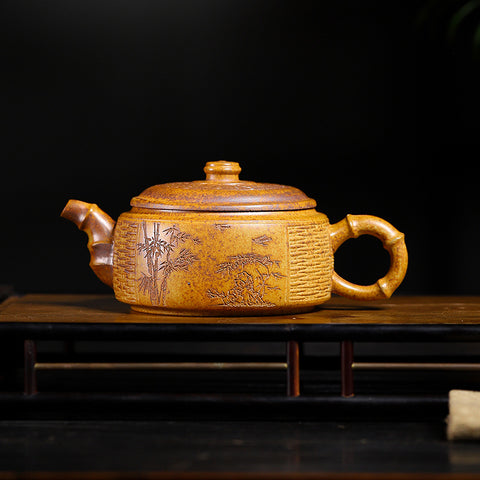 Handmade Bamboo Weave Drum Zisha Clay Teapot, Large Capacity 340ml