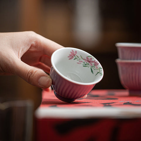 Hand-Painted Magnolia Blossom Teacup | Lilac Ceramic Kung Fu Tea Cup