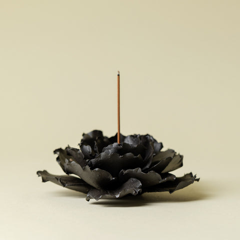 Hand-Sculpted Midnight Peony Incense Burner - Artisan Matte Ceramic Floral Holder