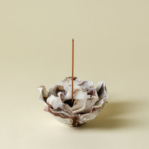 Handmade Stoneware Peony Incense Holder - Wabi-Sabi Floral Sculpture