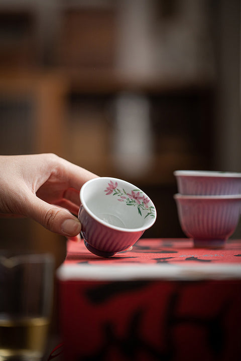 Hand-Painted Magnolia Blossom Teacup | Lilac Ceramic Kung Fu Tea Cup