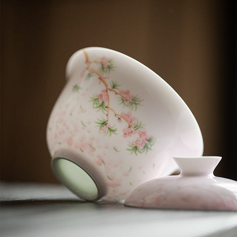 Japanese-Style Hand-Painted Pink Cherry Blossom Gaiwan, 140ml Capacity