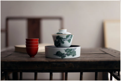Hand-Painted Underglaze Porcelain Gaiwan with Pine and Cypress Graphic