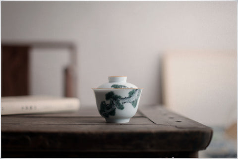 Hand-Painted Underglaze Porcelain Gaiwan with Pine and Cypress Graphic